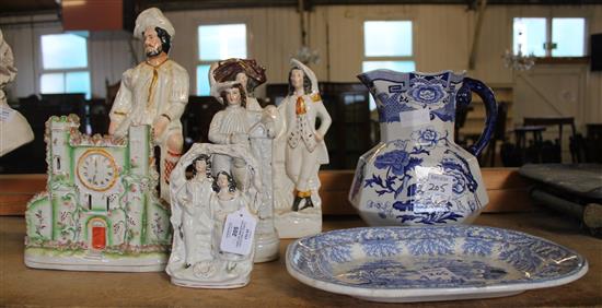 Large jug, b&w platter & collection of Staffs flatbacks